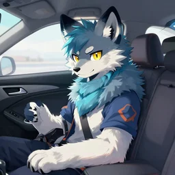 a cool wolf fursona, dmt, in a car