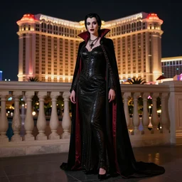 realistic matte painting, full length portrait, the duchess of blood owns the las vegas strip, vampire, highly detailed, CGsociety, subtle, concept art, HDR, hyper realistic, volumetric lighting, subsurface scattering, unreal