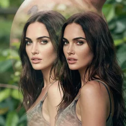double - exposure tattoo of megan fox and nature, in the style of dan mountford