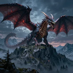 huge mountain dragons wyverns fantasy alps background night sky in the style of Chris Achilleos