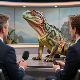 High resolution!! Reptilian doing an interview, 8K, Cinematic, hyperrealistic, tv show