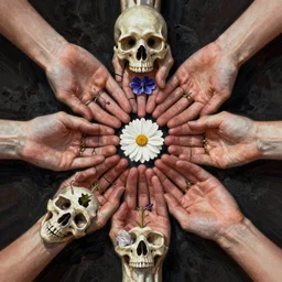 kaleidoscope of hands, skulls, flowers, high detail, award winning, (chromatic aberration) high contrast, digital painting, concept art, texture