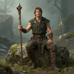 a relaxed male middle aged druid in a sleeveless west, short brown hair, stringy, wielding a long staff, full body, 8 k, hyperrealistic, hyperdetailed, fantasy portrait by laura sava