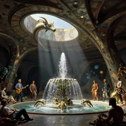 interior view asimov arcology fauna fountain by syd mead, frank frazetta, ken kelly, simon bisley, richard corben, william - adolphe bouguereau