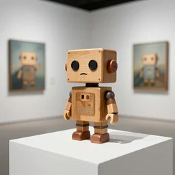 ultra realistic 8k octan photo wooden art toys on piedestal cute robot on a contemporary art gallery