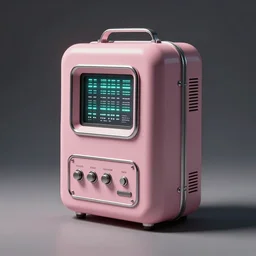 a high fidelity archival photograph of an anthropomorphic object of unknown origin - designed to store and recycle positive frequencies. faded pastel pink plastic, chrome detail, led, user interface, switches, display.