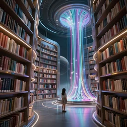 a futuristic library on a distant planet, sleek, polished metal, fibre optic cables with neon colours, science fiction, dramatic, tiny girl looking on, epic composition, epic lighting, trending on artstation, octane render, 8 k, hd, directed by iain softley