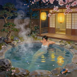 painting of woman bathing in private magical empty onsen next to japanese inn with levitating lanterns and flowers by greg rutkowski craig mullins ross tran mucha cozy hot springs bonsai zen garden steamy flowers japanese motifs lumen reflections concept art clear focus fantasy specular lighting global illumination trending on artstation