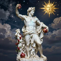 tilt shift, prismatic, italian masterpiece, white marble sculpture, baroque, portrait, saint Man, Zeus gods Apollo Mercury, beautiful, gracious, pagans, marble and gold, space, stars, clouds, sun, greeks, fruits, bioluminescent skin, pomegranade, Thunder, King, render, artstation, draped with red flowers and vines, ultra detailed