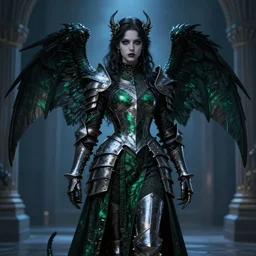 angel knight gothic girl in dark and green dragon armor, metallic skirt and blouse. by gaston bussiere, by rembrandt, 1 6 6 7, artstation trending, blue light, by konstantin razumov *
