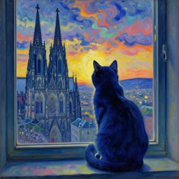 dark blue indigo cat sitting in a window, looking at the city with gothic cathedral. sun setting through the clouds, vivid iridescent psychedelic colors. gauguin, agnes pelton, egon schiele, henri de toulouse - lautrec, utamaro, monet