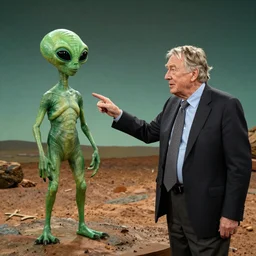 Sir David Attenborough pointing at a green Martian alien