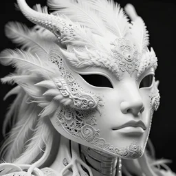 bw close - up mask, beautiful young porcelain intricate bio - mechanical vegetal - dragon - cyborg, white metallic armour, white peacock feathers, roots, fine mandelbrot fractal lace, 1 5 0 mm, soft rim light, elegant, hyper real, ultra detailed, octane render, hg giger, 1 6 k