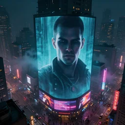 giant illuminated billboards, megacity streets seen from above, neon signs, eerie fog, blade runner, ex machina