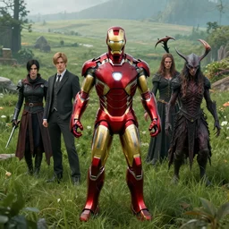 portrait of marvels ironman ( ( ( ( ( ( ( surrounded by grass ) ) ) ) ) ) ) by hr giger, greg rutkowski, luis royo and wayne barlowe as a diablo, resident evil, dark souls, bloodborne monster, courtroom, elden ring creature : : in a garden, grassy field, large field in the background