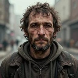 hyper detailed portrait of starving homless man dslr by don mccullin, unreal engine 5, lumen, nanite