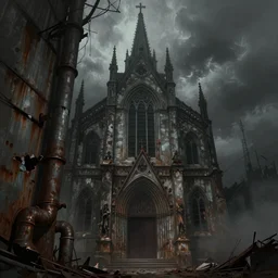 a ghostly gothic church, smooth, digital painting, doom slayer, rusty metal walls, broken pipes, dark colors, muted colors, tense atmosphere, church cathedral, mist floats in the air, amazing value control, muted colors, moody colors, dramatic lighting, in the style of frank frazetta, doom video game