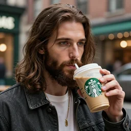 hipster jesus drinking his starbucks coffee, realistic artstyle, trending on artstation, macro, intricate, vibrant, digital art, full portrait, hd, cinematic, ultra detailed, illustration, concept art, cinematic background, octane render, unreal engine 5, 8 k, 4 k