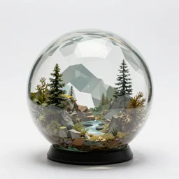 low-poly glass terrarium globe, professional product shot, isolated on a pure white background, centered, entire object in frame, sharp focus, soft studio lighting