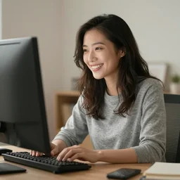 woman in relationship with her computer keyboard smiling expression realistic