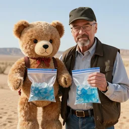 Ted bear and walter white holding ziploc bags of crystal blue meth, in the desert, film still, 4k, photorealistic, hd