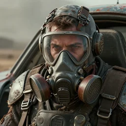 retrofuturistic wasteland scavenger's car, respirator on bottom half of face, close up, quint buchholz, wlop, dan mumford, artgerm, liam brazier, peter mohrbacher, raw, featured on artstation, octane render, cinematic, rugged, intricate, 8 k