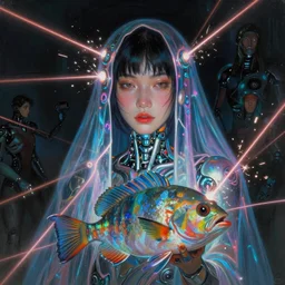 awe-inspiring award-winning concept art full body face portrait painting of attractive anglerfish cyborg Ashley Liao in neon shrouds as the goddess of lasers, sparks, by Julie Bell, Jean Delville, Virgil Finlay, Alphonse Mucha, Ayami Kojima, Amano, Charlie Bowater, Karol Bak, Greg Hildebrandt, Jean Delville, Frank Frazetta, Peter Kemp, and Pierre Puvis de Chavannesa, cyberpunk, extremely moody lighting, glowing light and shadow, atmospheric, shadowy, cinematic, 8K,