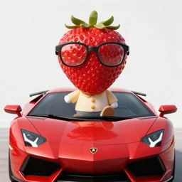 a strawberry wearing glasses sitting on top of a red Lamborghini