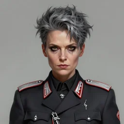 portrait of the woman called ss - kerstin. she is 6 0 years old and has strange short spiky gray hair and has an evil look. she is the general of the german army. detailed digital art by greg rutkowski, thomas kinkade and keith parkinson, artstation, cgsociety, 8 k, hd