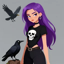 skinny girl with long purple hair wearing a black t - shirt with skulls standing next to a crow, full color digital illustration in the style of don bluth, artgerm, artstation trending, 4 k