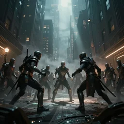 an epic extraterrestrial and hunan battle in new york city, in the style of stargate, epic scene, extremely detailed masterpiece, extremely moody lighting, glowing light and shadow, atmospheric, shadowy, cinematic, god lighting