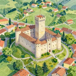 the medieval montebello castle of bellinzona, painting by herman hesse, aerial view, vibrant watercolor painting, simplified shapes, similar to hesse cortivallo painting
