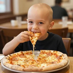 2 7 years old bald italian riccardo tinchelli eating pizza
