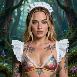 Margot robbie as a beautiful tattooed female maid wearing a magical bikini in a magical forest, highly detailed face, realistic face, piercing gaze, fantasy art, in the style of artgerm, illustration, epic, fantasy, intricate, hyper detailed, artstation, concept art, smooth, sharp focus, ray tracing, vibrant, photorealistic
