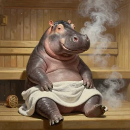 A humanoid hippo wearing a towel sitting in a steamy sauna, oil painting