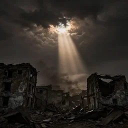 ruined city, night, ash, apocalypse, black, brown, ray of light from the clouds, godrays