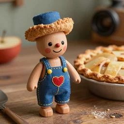 an adorable simple puerto rican vejigante ball jointed doll lovingly crafted from sanded wood on a toy workbench, beside a fresh from the oven apple pie, wearing little hand stitched overalls with love in every stitch, worms eye view, macro camera lens, cinematic, focus