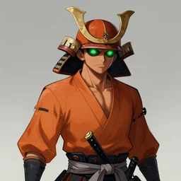 a tabaxi!! samurai with dark orange fur and dark green glowing eyes, medium shot!, character illustration by Moebius! artstation, character concept art, John Berkey, Michael Whelan