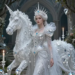 epic ultra detailed realistic portrait of beautiful queen made of diamonds candles and translucent fabric. in the unicorn's garden. surrealistic magic, concept art, sharp foccus. intricate, elegant. by basil gogos. art by wlop and artgerm and greg rutkowski and andrei riabovitchev. medieval background my james jeand