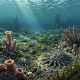 cambrian underwater landscape, algae, sea sponges, living trilobites, anomalocaris, marrella, ancient fish, artstation, concept illustration, 8 k, artstation, makoto shinkai, gediminas pranckevicius, soft, cinematic, octane render, realistic, very detailed
