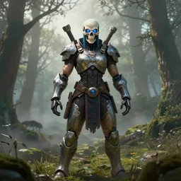 skull face, big muscular female warrior with glowing blue eyes wearing biomechanical armor, apex legends, forest plains of yorkshire, misty forest, mcu, concept art, good value control, digital painting, sharp focus, rule of thirds, 4k, centered, magic hour photography, atmospheric, moody colors