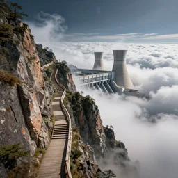 highly detailed cliffside paths leading up to a hydroelectric power station surrounded by Jupiter's clouds, cinematic, octane render, precisionist style, 8K HD, unreal engine, fantasy art