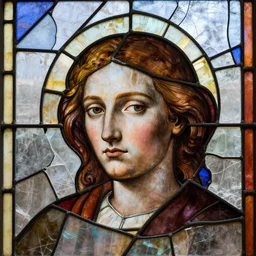 broken fragments of a portrait hidden between stained glass shards of a once verdant homeland now in flames, art nouveau painting of a brokenhearted visage.