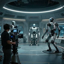 vfx film, behind the scenes, on set, set design, making of, big film production, camera operator filming futuristic tesla humanoid robots, high tech space ship interior, flat color profile low - key lighting award winning photography arri alexa cinematography, hyper real photorealistic cinematic, atmospheric cool colorgrade