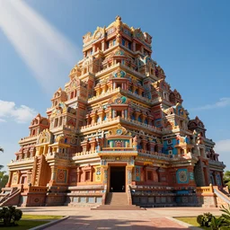 4 k dslr photo of a brightly painted massive great temple, unreal engine, octane render, brightly painted, volumetric lighting, inspired by mayan and islamic architecture, dramatically lit, sunbeams and shadows volumetric lighting.