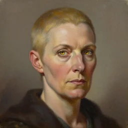 a detailed matte head - on portrait painting of an middle - aged half - tiefling noblewoman with golden eyes and short well kept hair, by charlie bowater, lise deharme, wlop, tending on arstation, dungeons and dragon, dnd, pathfinder, fanart, oil on canvas