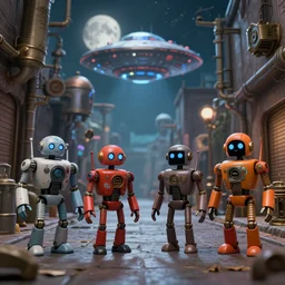 anime cartoon of 4 4 5 0 s scifi, tin toy robots, ufo, flying saucer, moon, meninblack, steampunk, alley, streets, walter sickert, earl norem, depth of field, hyperrealistic, octane render detailed and intricate environment