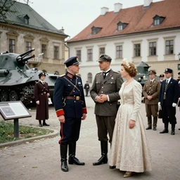 an image of a archduke and queen visiting a german and eastern european mix war museum in a medium full shot, vintage historical fantasy 1 9 3 0 s kodachrome slide russian and japanese mix.