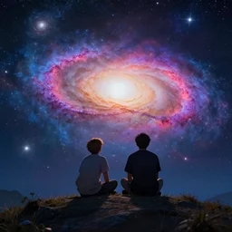 two young men sitting besides each other on a hill and looking into colourful galaxies of the night sky, 4K, vibrant colors, insanely detailed, 4k, epic composition, cosmic, octane render, beautiful, art station, unreal engine