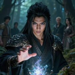 a fancy close up illustrated portrait of a beautiful dark mage using magic in the forest by Greg Rutkowski, Sung Choi, Mitchell Mohrhauser, Maciej Kuciara, Johnson Ting, Maxim Verehin, Peter Konig, final fantasy , mythical, 8k photorealistic, cinematic lighting, HD, high details, atmospheric,
